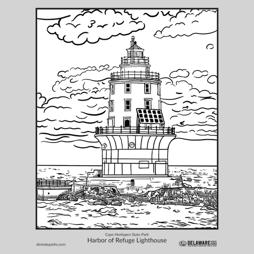 Harbor of Refuge Lighthouse coloring page thumbnail